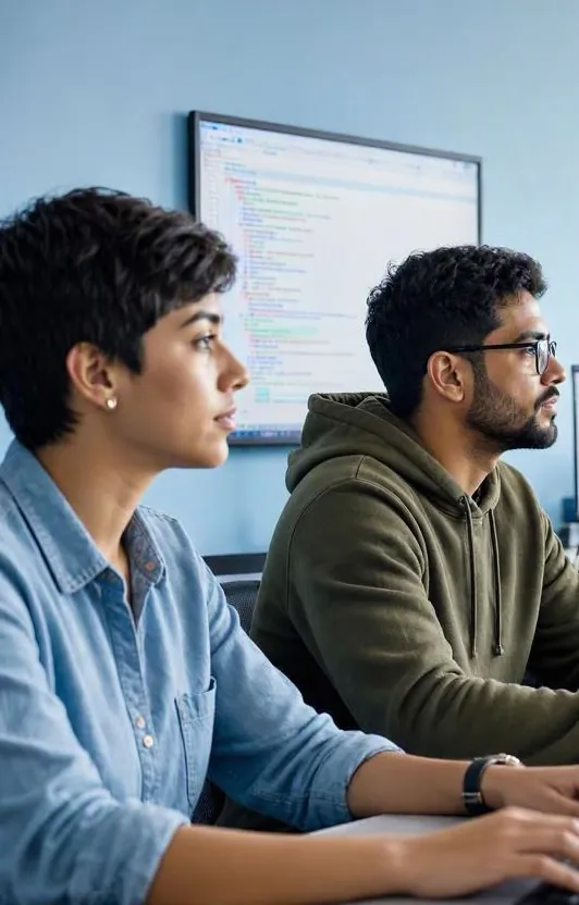 Developers coding side by side at a shared desk