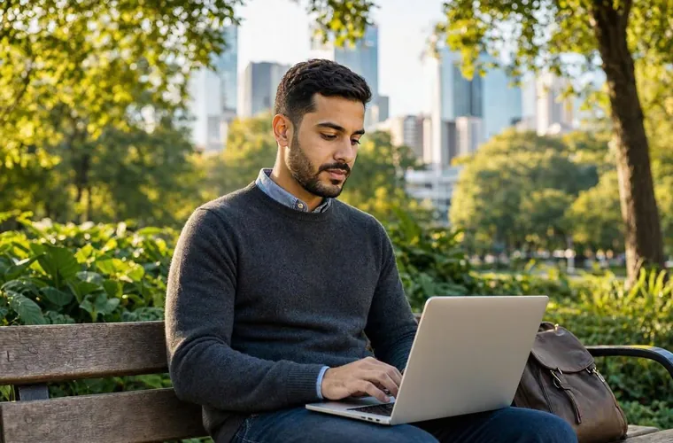 Software engineer working on a laptop on a park bench