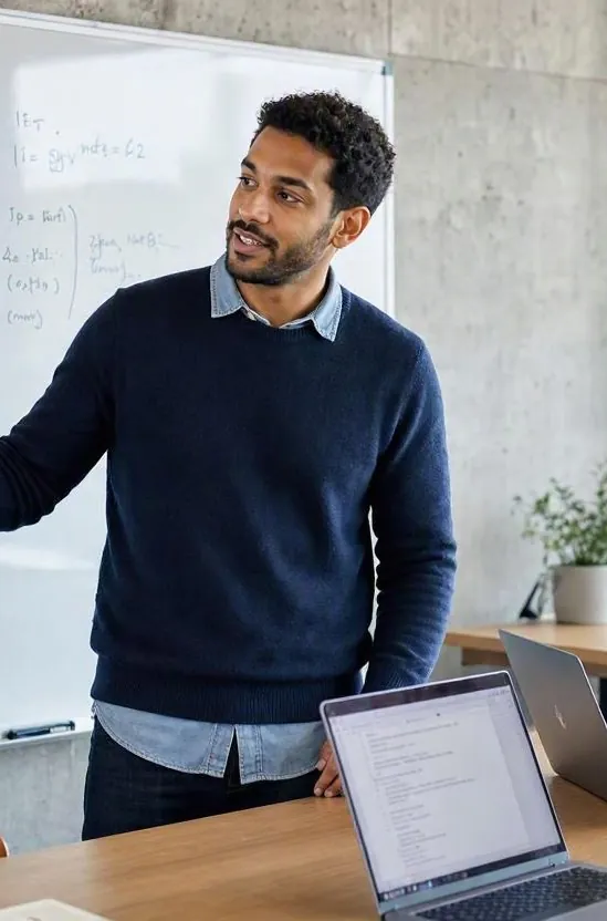 A mentor teaching developers at a whiteboard