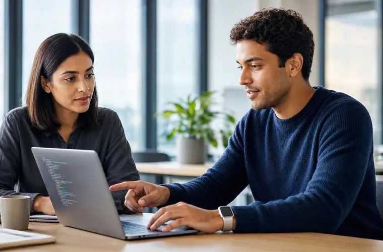 Two engineers pair programming at a laptop