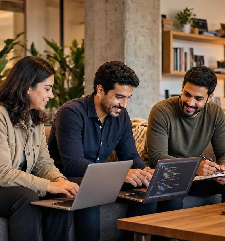 Engineers reviewing work together on laptops