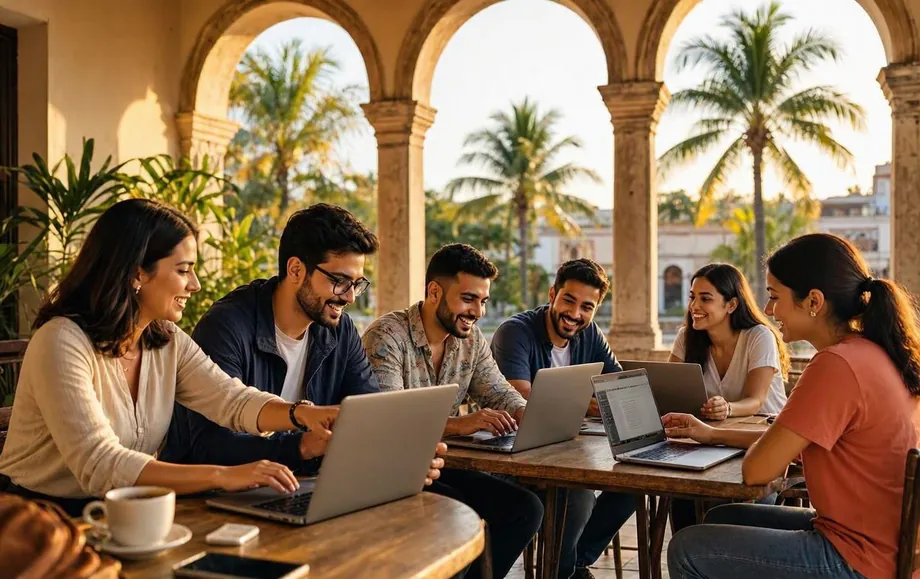 Team of developers working together on a colonial terrace